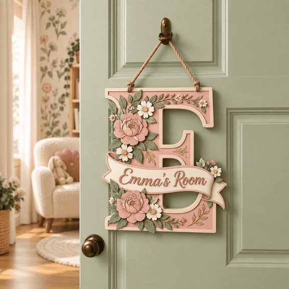Personalized Floral Initial Name Wooden Sign Door Hanger Birthday Gift