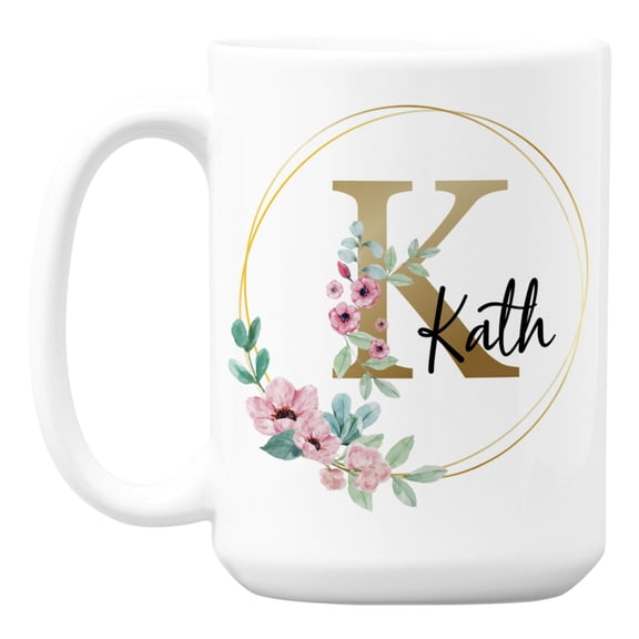 Personalized Floral Initial with Name White Ceramic Coffee & Tea Mug Cup (15oz)