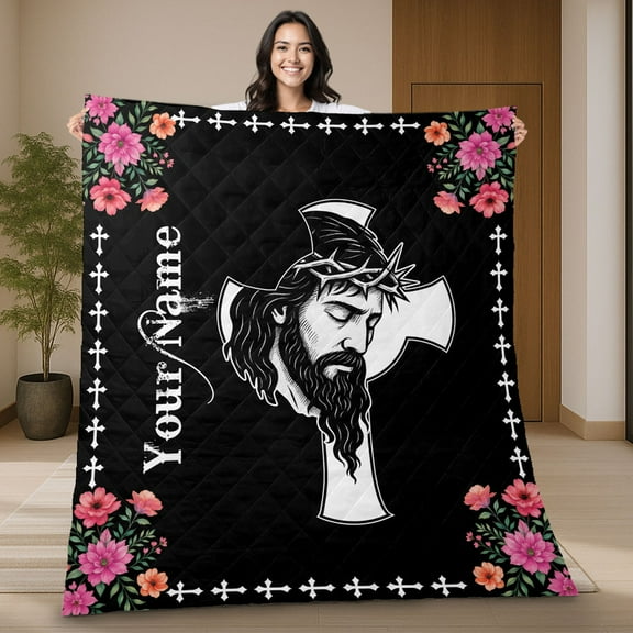Personalized Floral Jesus Christ Cross Quilt Blanket – Christian Religious Quilt, Custom Name Faith Gift for Believers Blanket