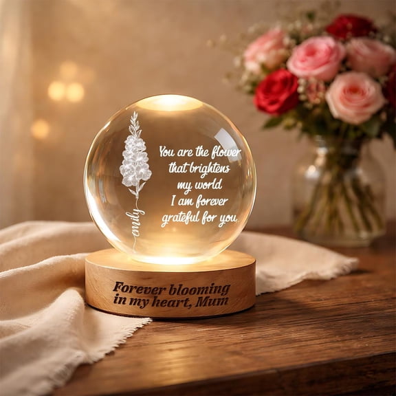 Personalized Floral LED Crystal Ball Night Light, Custom Flower Lamp with Name, Forever Blooming In My Heart Gift For Mothers Day