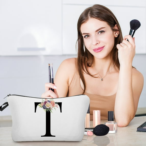 Personalized Floral Letter Makeup Bag - Custom Initial Cosmetic Pouch for Women, Ideal Gift for Mom, Friend, Bride, Bridesmaid - 7.1x5.3 Inches