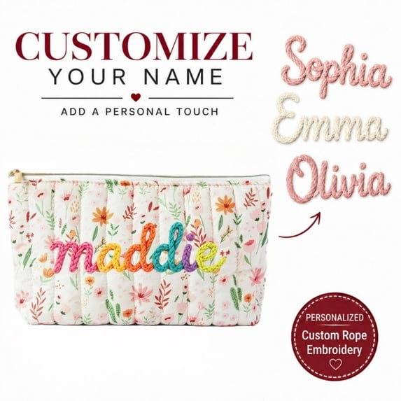 Personalized Floral Makeup Bag – Custom Rope Embroidery Monogrammed Cosmetic Pouch,A
