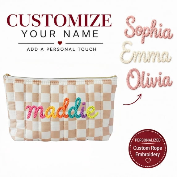 Personalized Floral Makeup Bag – Custom Rope Embroidery Monogrammed Cosmetic Pouch,H