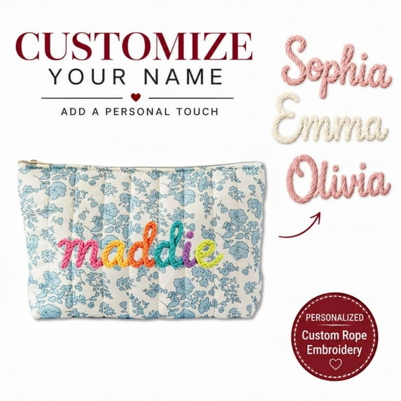Personalized Floral Makeup Bag – Custom Rope Embroidery Monogrammed Cosmetic Pouch,I