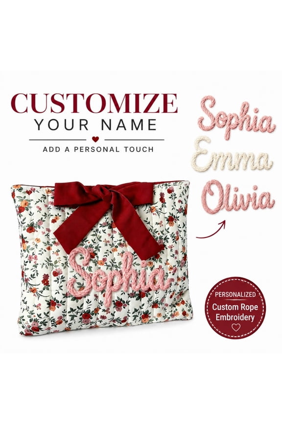Personalized Floral Makeup Bag Custom Rope Embroidery Monogrammed Cosmetic Pouch Quilted Polyester Travel Toiletry Bag Gift for Women Girls Bridesmaid,A