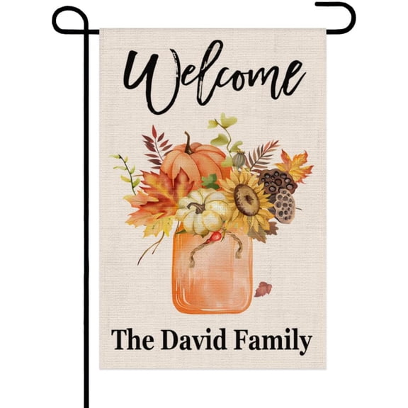 Personalized Floral Mason Jar Fall Welcome Garden Flag 12x18 Inch Vertical Double Sided Custom Name Autumn Thankful Burlap Yard Flag Holiday Seasonal Outdoor Decoration