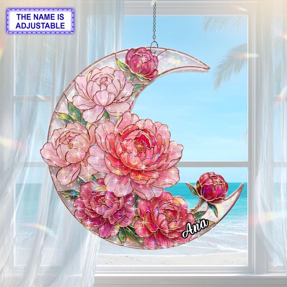 Personalized Floral Moon Acrylic Suncatcher, Custom Name Holographic Window Hanging Decor, Garden and Nature Lover Gift for Women
