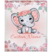 Personalized Floral Orange Elephant Custom Blanket with Name for Girls,Custom Name Blanket for Toddlers,Personalize Gifts for Kids 60"x50" for Teens