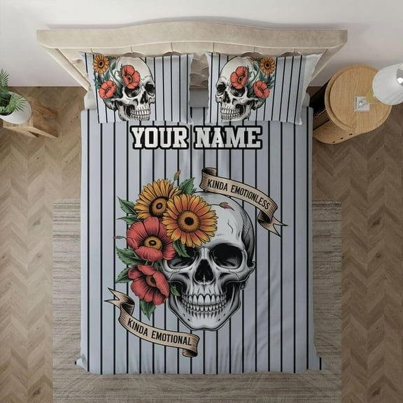 Personalized Floral Skull Bedding Set – Kinda Emotionless Kinda Emotional Duvet Cover & Pillowcases – Custom Name Skull and Flower Gothic Punk Bedding – Unique Tattoo Style Bedroom Decor Gift