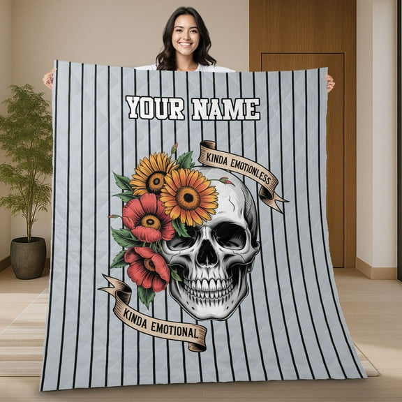 Personalized Floral Skull Striped Quilt Blanket – Custom Name Kinda Emotional Kinda Emotionless Quote Blanket – Gothic Floral Skull Quilt Gift for Women & Men