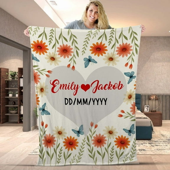 Personalized Floral Spring Couple Blanket, Anniversary Wedding Couple Custom Blanket, Romantic Anniversary Fleece & Sherpa Throw