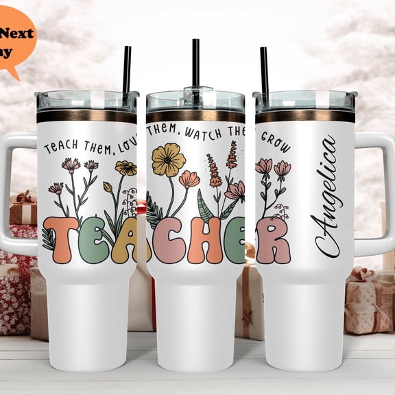 Personalized Floral Teacher Tumbler, 40oz Stainless Steel