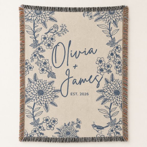 Personalized Floral Woven Cotton Blanket, Custom Names & Date Throw
