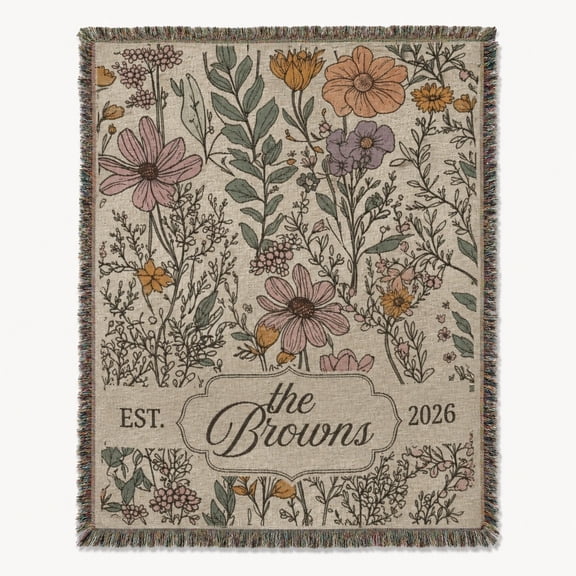 Personalized Floral Woven Cotton Throw Blanket with Name and Date