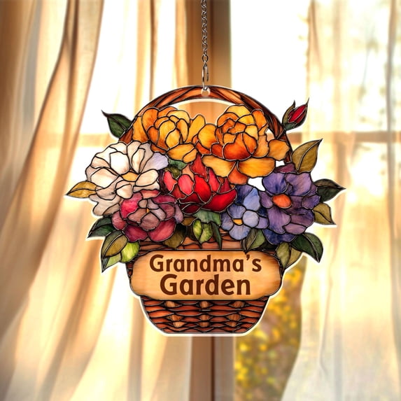 Personalized Flower Basket Colorful Floral Art Acrylic Suncatcher Window Hanging Grandma Gift