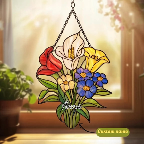 Personalized Flower Bouquet Suncatcher Acrylic Custom Name Window Hanging Spring Decor