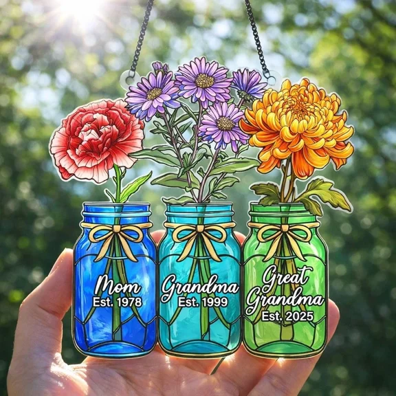 Personalized Flower Jar Acrylic Suncatcher Window Hanging Generations Family Keepsake Custom Mom Gift