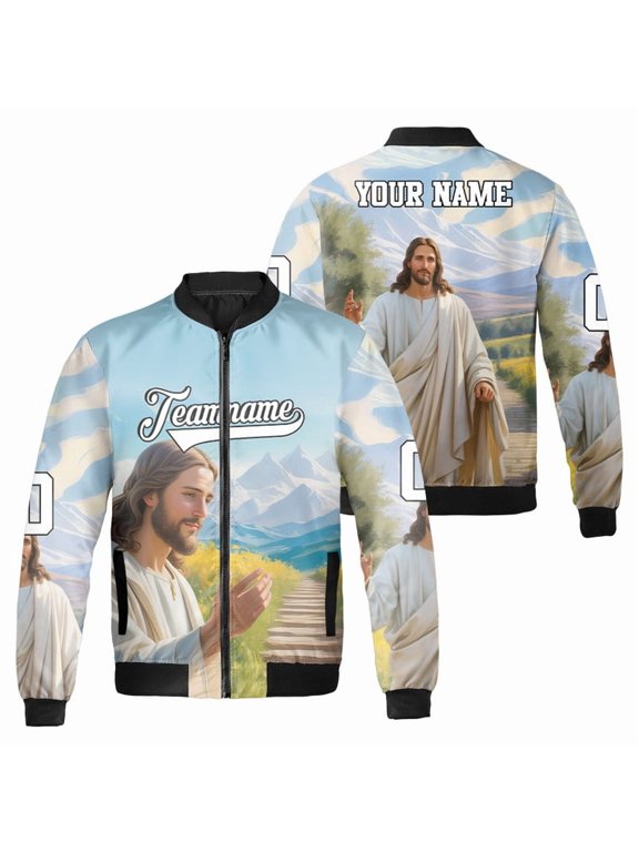 Personalized Follow Christ I Will Walk With Christ Bomber Jacket - Custom Christian Religious Jacket- Jesus Come Follow Me Faith-Based Outerwear Jacket
