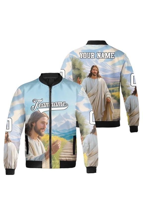 Personalized Follow Christ I Will Walk With Christ Bomber Jacket - Custom Christian Religious Jacket for Men & Women - Jesus Come Follow Me Faith-Based Outerwear Jacket