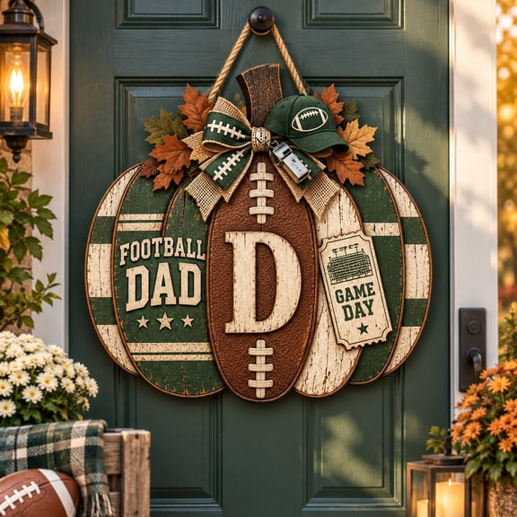 Personalized Football Dad Pumpkin Monogram Wooden Sign Front Door Hanger