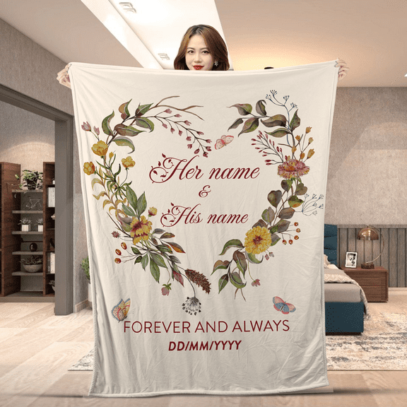 Personalized Forever And Always Blanket, Custom Name & Date, Romantic Floral Heart Design, Anniversary Wedding Valentine’s Day Gift Throw Blanket- Sherpa-60x80