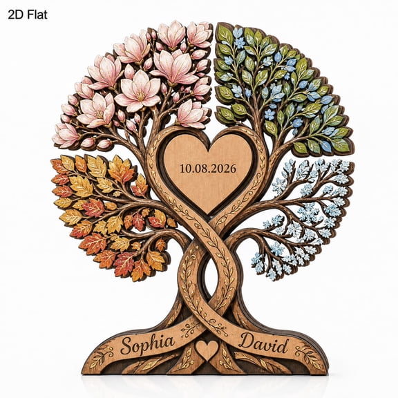 Personalized Four Seasons Tree Wooden Block, Custom Family Tree Plaque, Anniversary Gift, Rustic Wedding Decor, Couple Keepsake