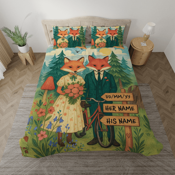 Personalized Fox Couple Bedding Set - Custom Wedding Themed Duvet Cover & Pillowcases, Romantic Gifts for Him & Her, The Lovers Animal Bedding Decor