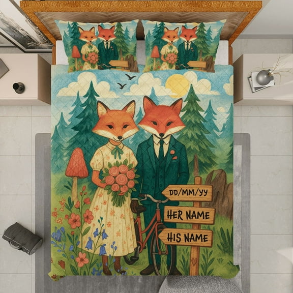 Personalized Fox Couple Wedding Quilt Bedding Set – Custom Forest Animal Lovers Quilt Blanket & Pillowcases – Rustic Bride and Groom Quilt Bed Set Gift for Anniversary or Valentine’s Day