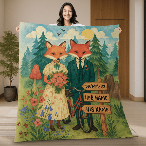 Personalized Fox Couple Wedding Quilt Blanket - Custom Forest Animal Quilt – Rustic Bride and Groom Blanket - Gift for Anniversary or Valentine’s Day