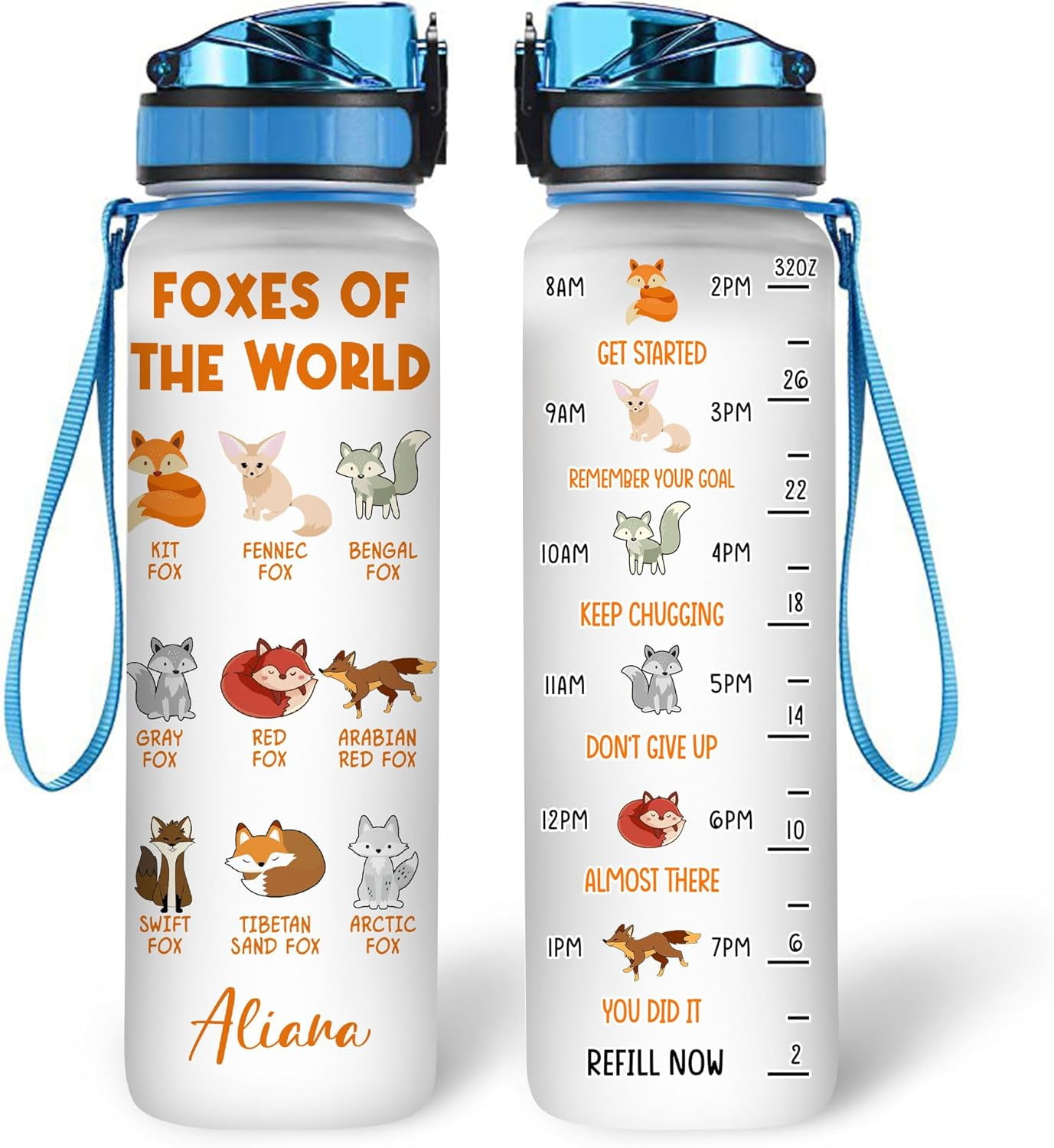 Personalized Fox Lovers 32 Oz 1Liter Motivational Water Bottle, Foxes Of The World Custom Name Water Bottle With Time Marker, Animal Lover Gifts For Women Girl On Birthday, Mother Day's