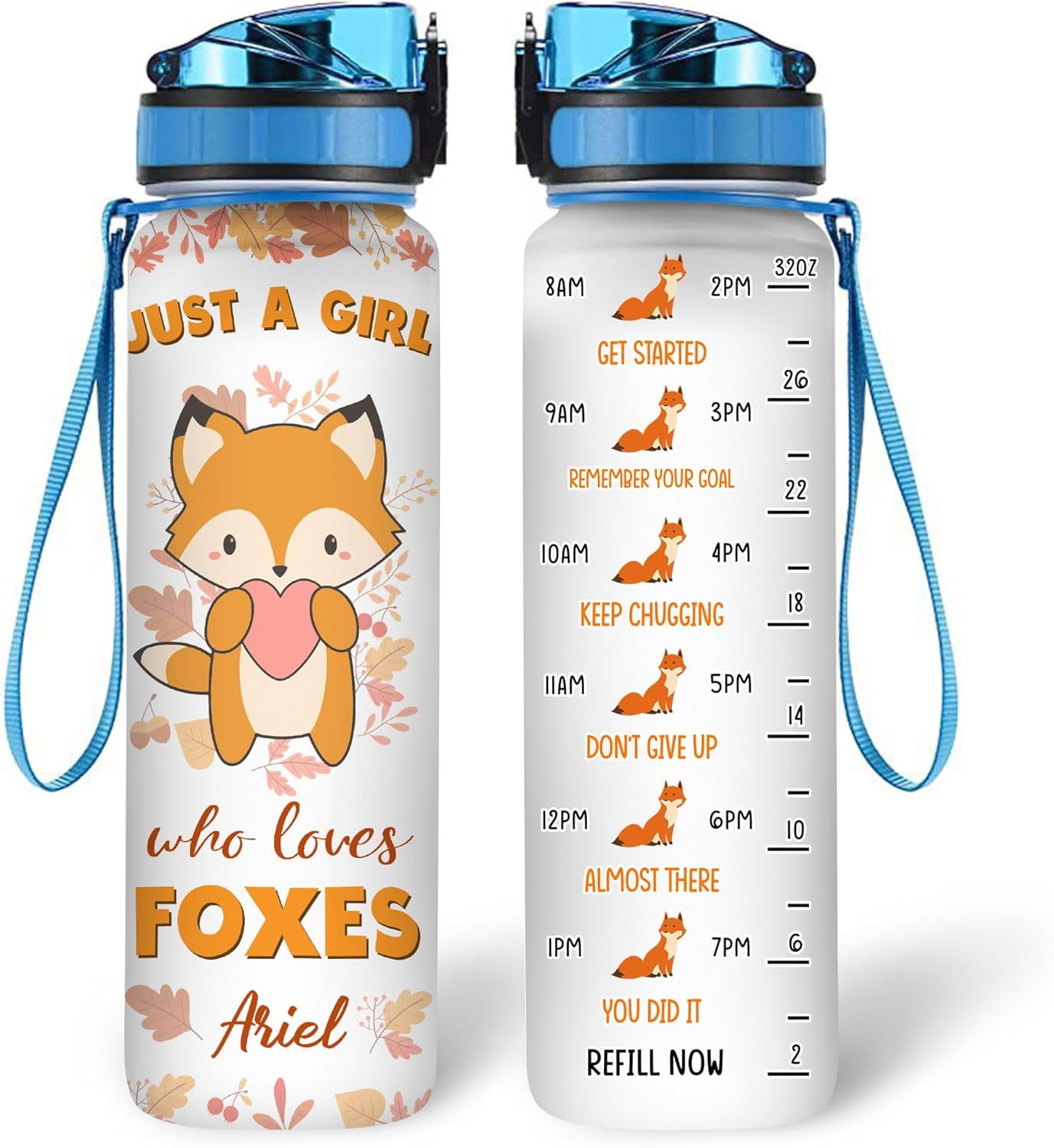 Personalized Fox Lovers 32 Oz 1Liter Motivational Water Bottle, Just A Girl Who Loves Foxes Custom Name Water Bottle With Time Marker, Gifts For Women Girl On Birthday, Mother Day's
