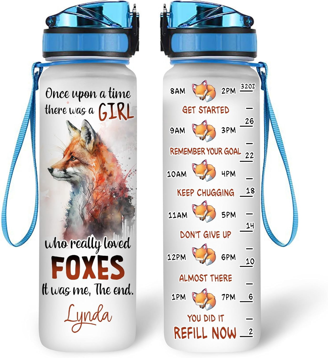 Personalized Fox Lovers 32 Oz 1Liter Motivational Water Bottle, Once Upon A Time Girl Love Foxes Custom Name Water Bottle With Time Marker, Gifts For Women Girl On Birthday, Mother Day's