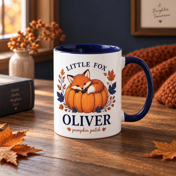 Personalized Fox Pumpkin Rust Orange Navy Ceramic Coffee Mug Fall Gift