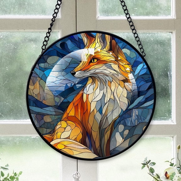 Personalized Fox Stained Glass Suncatcher Artistic Window Hanging, Fox Hand-Painted Glass Panel Wall Home Decor, Fox Garden Decor FX63e1