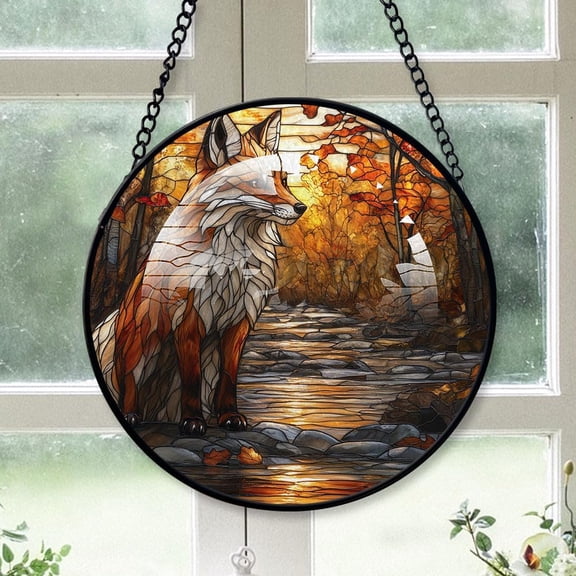 Personalized Fox Stained Glass Suncatcher Artistic Window Hanging, Fox Hand-Painted Glass Panel Wall Home Decor, Fox Garden Decor ewrJ4b