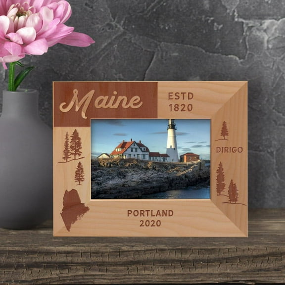 Personalized Frame Maine States, Custom USA States Frame, Wooden Picture Frame, Custom Photo Frame, Gift for friends, Gift Ideas for Travelers-5" x 3 1/2" Brown Horizontal