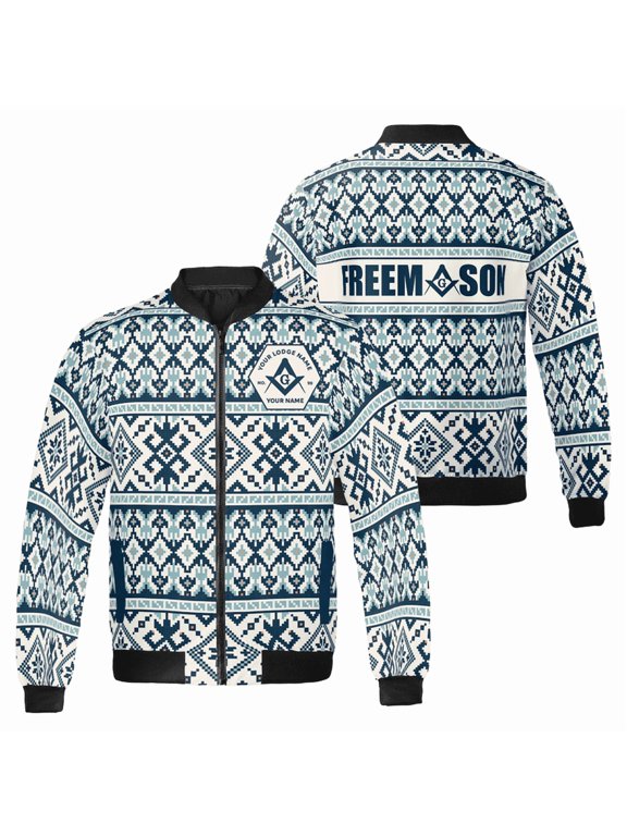 Personalized Freemason Winter Nordic Pattern Bomber Jacket – Masonic Symbol Style – Custom Name & Lodge – Unisex Vintage Tribal Print Jacket