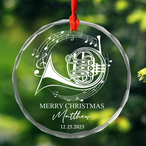 Personalized French Horn Glass Ornament Xmas, French Horn Musical Instrument Ornament Gift for Horn Player Teacher Marching Band, Customized Year Text Name French Horn Lover Christmas Ornament 2025