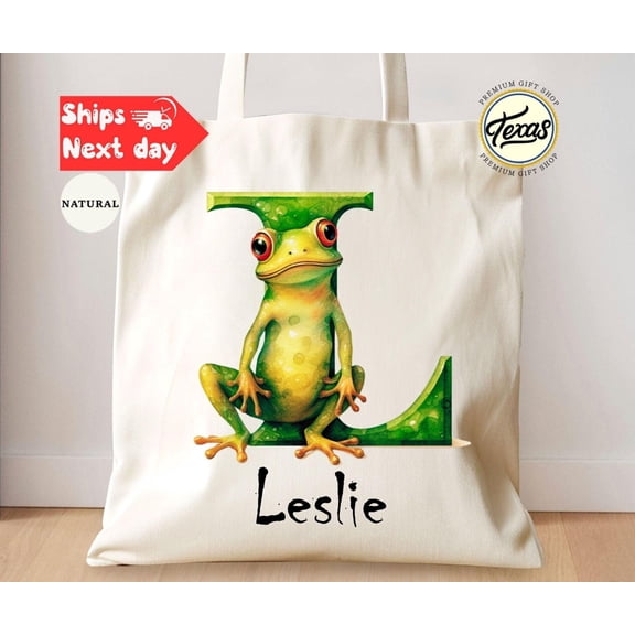 Personalized Frog Alphabet Tote Bag Custom Name Kids Canvas Tote