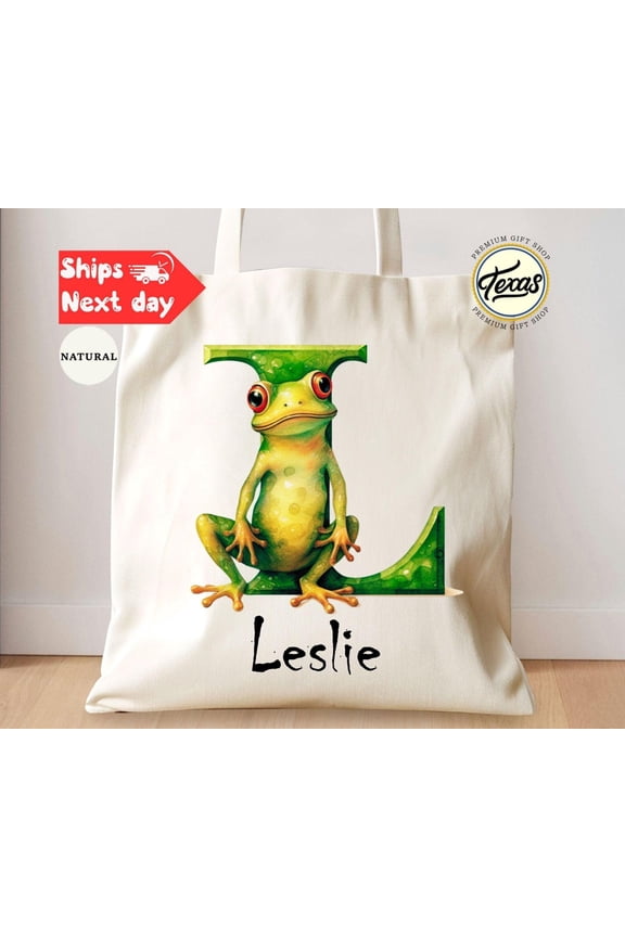 Personalized Frog Alphabet Tote Bag Custom Name Kids Canvas Tote
