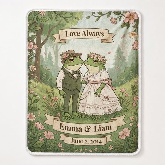 Personalized Frog Couple Wedding Sherpa Blanket | Custom Name & Date Anniversary Gift | Soft Cozy Fleece Throw