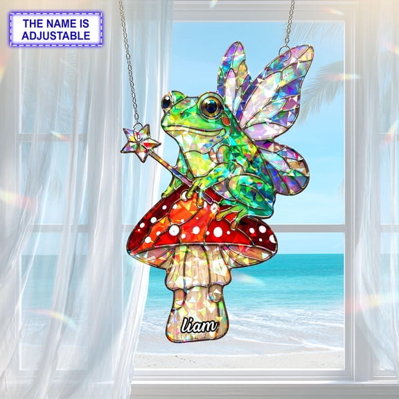 Personalized Frog Fairy Acrylic Suncatcher, Custom Name Holographic Window Hanging Decor, Fantasy and Celestial Decor