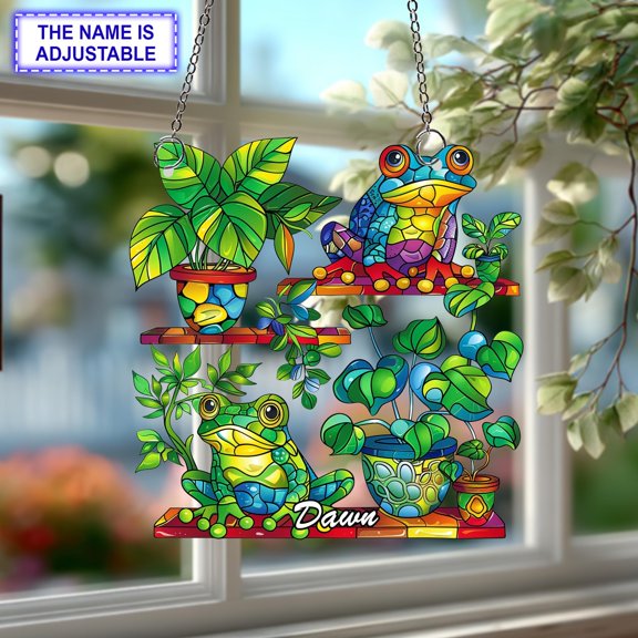 Personalized Frog Plant Shelf Acrylic Suncatcher, Custom Name 2D Flat Window Hanging Decor, Garden and Nature Lover Gift