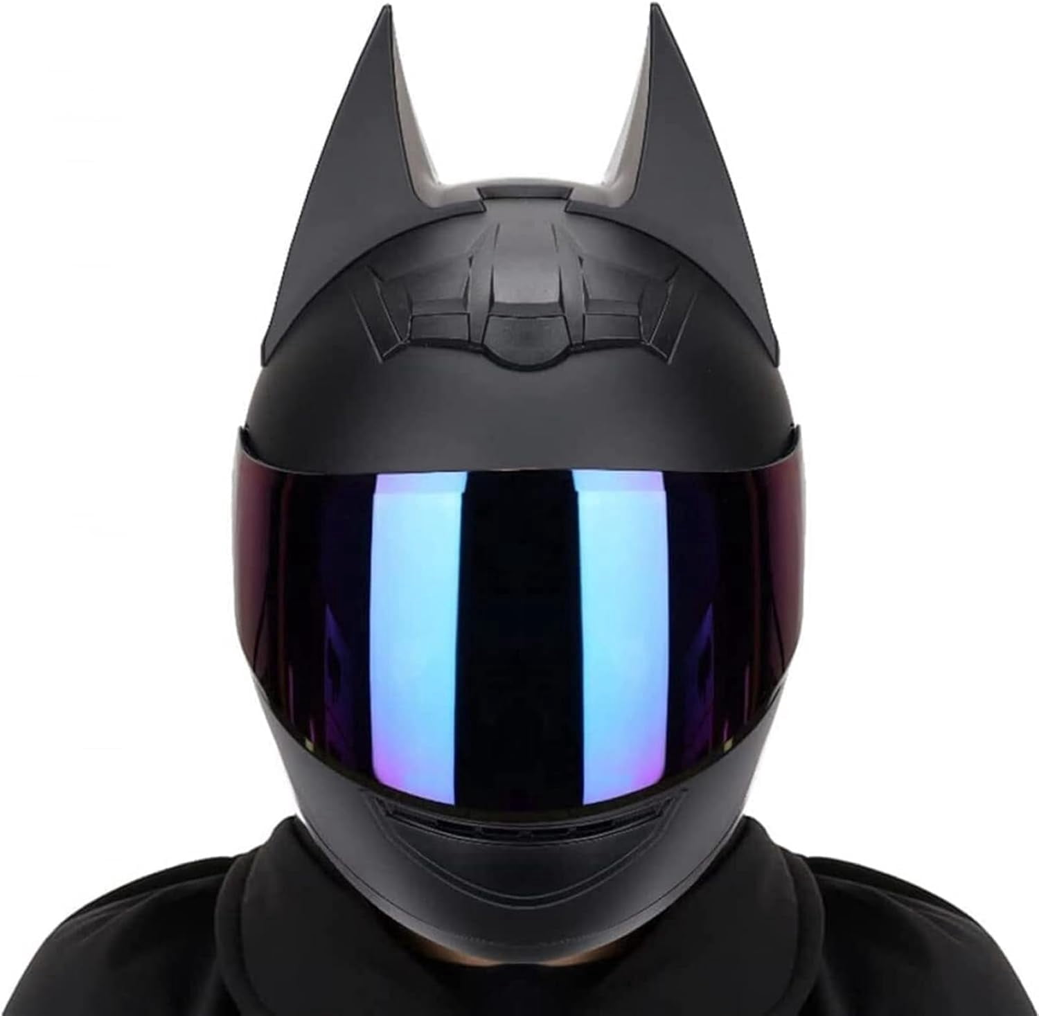 Personalized Full Face Cat Bat Ear Bluetooth Motorcycle Helmet Black Cool Adults Men Woomen Locomotive Helmet, Comfortable Breathable Scooter Moped Cruiser Jet Chopper Helmets, M（54-56cm）