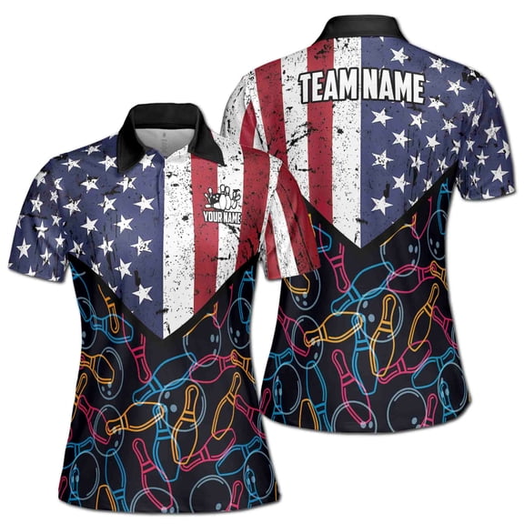 Personalized Funny Bowling Pattern America Flag Women's Polo Shirt S-5XL