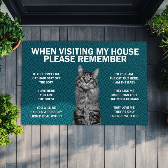 Personalized Funny Cat Doormat – Tabby Cat Welcome Mat with “When Visiting My House Please Remember” Message, Perfect Entry Rug for Pet Owners and Cat Lovers