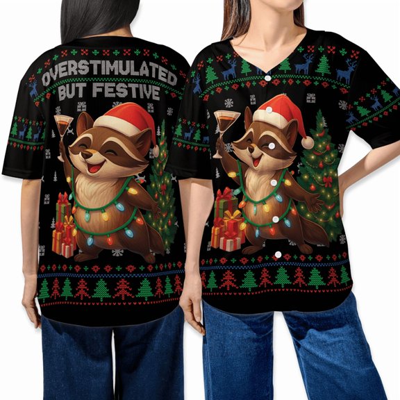 Personalized Funny Christmas Raccoon Baseball Jersey Shirt – Ugly Xmas Jersey for Men and Women – Holiday Party Shirt with Lights and Santa Hat