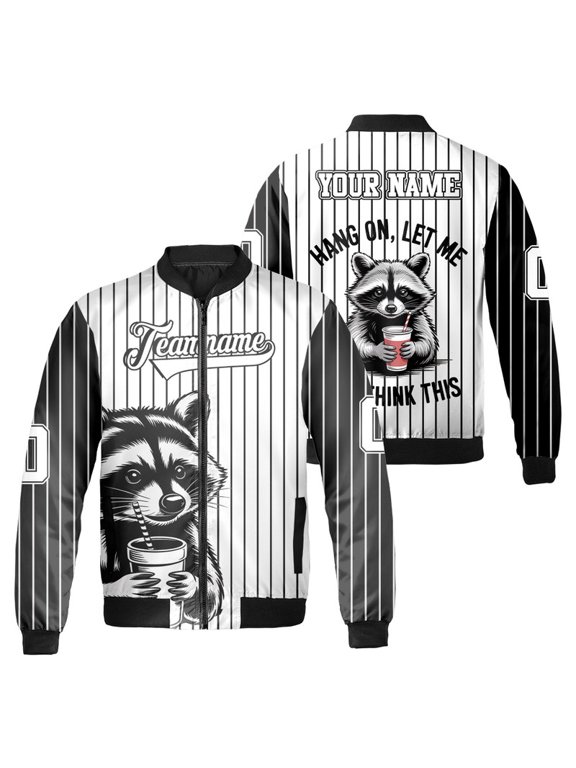 Personalized Funny Raccoon “Hang On, Let Me Think This” Graphic Bomber Jacket – Custom Name and Number Cute Animal Cartoon Zip Jacket