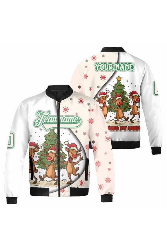 Personalized Funny Reindeer Christmas Bomber Jacket – Custom Festive HolidayXmas Party Jacket for Men & Women