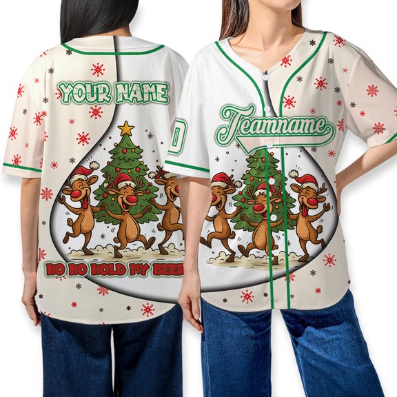 Personalized Funny Reindeer Ho Ho Hold My Beer Christmas Baseball Jersey – Custom Name & Team Christmas Party Winter Holiday Shirt